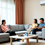 **A Malaysian family relaxing comfortably in their living room, cooled by a modern air conditioner. Focus on the clean air and cozy atmosphere, emphasizing family well-being.**
