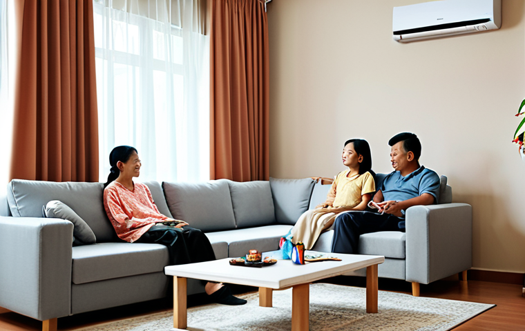 **A Malaysian family relaxing comfortably in their living room, cooled by a modern air conditioner. Focus on the clean air and cozy atmosphere, emphasizing family well-being.**